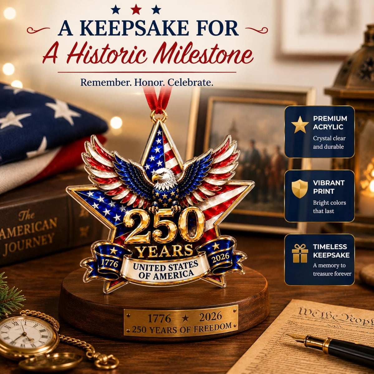 250 Anniversary USA Ornament, 2D Acrylic America 250 Merchandise, America 250Th Anniversary Christmas Ornament, Fourth of July Decorations, Patriotic Decor, America 250Th Birthday Gifts