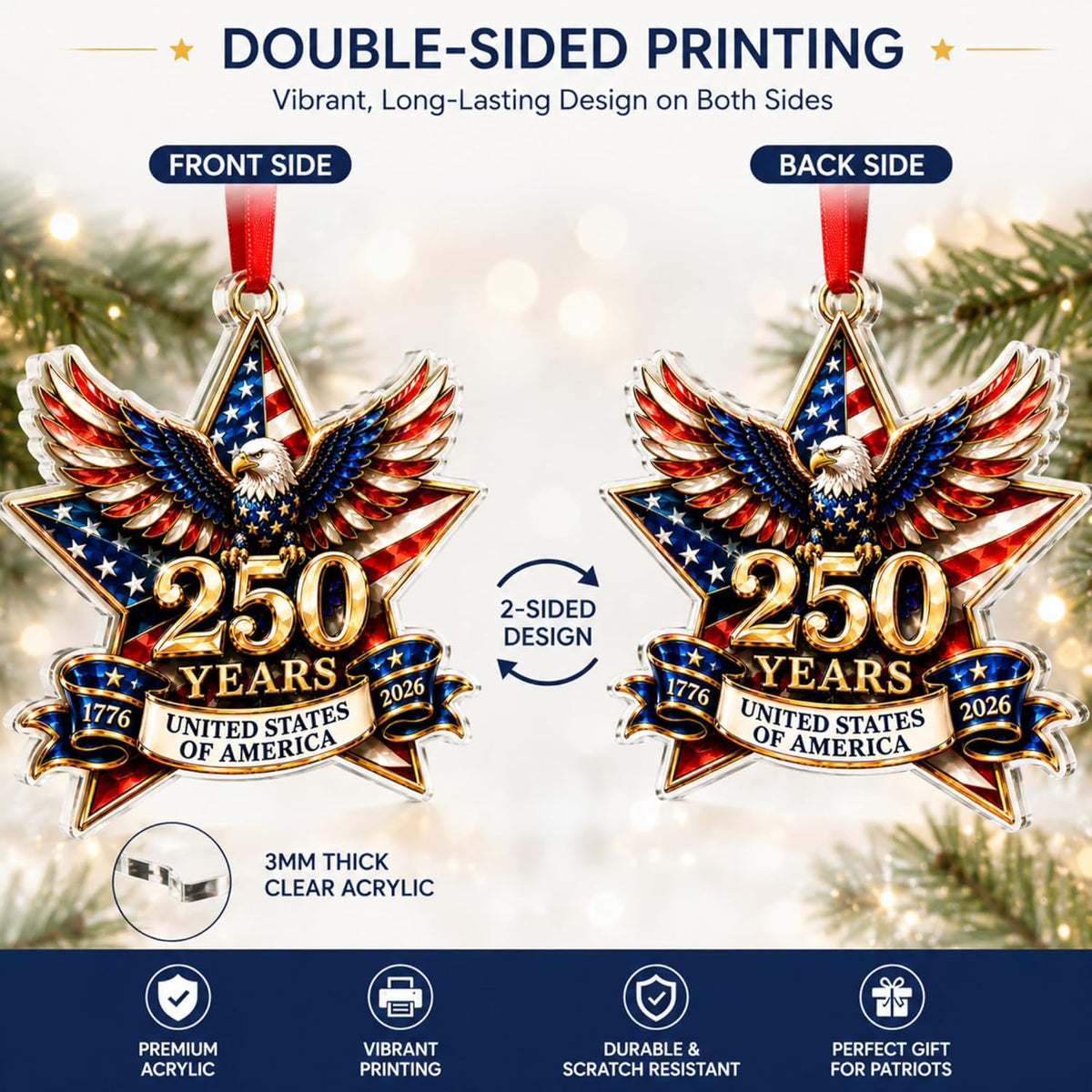 250 Anniversary USA Ornament, 2D Acrylic America 250 Merchandise, America 250Th Anniversary Christmas Ornament, Fourth of July Decorations, Patriotic Decor, America 250Th Birthday Gifts